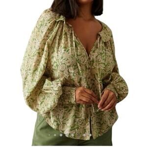Anthropologie Green Floral Blouse